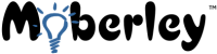Moberley wordmark: written with fat brushstroke font and a blue lightbulb representing the o.